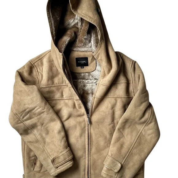 Guess Jeans Vintage Coat Faux Shearling Hooded Jacket Retro Sherpa - Picture 12 of 13